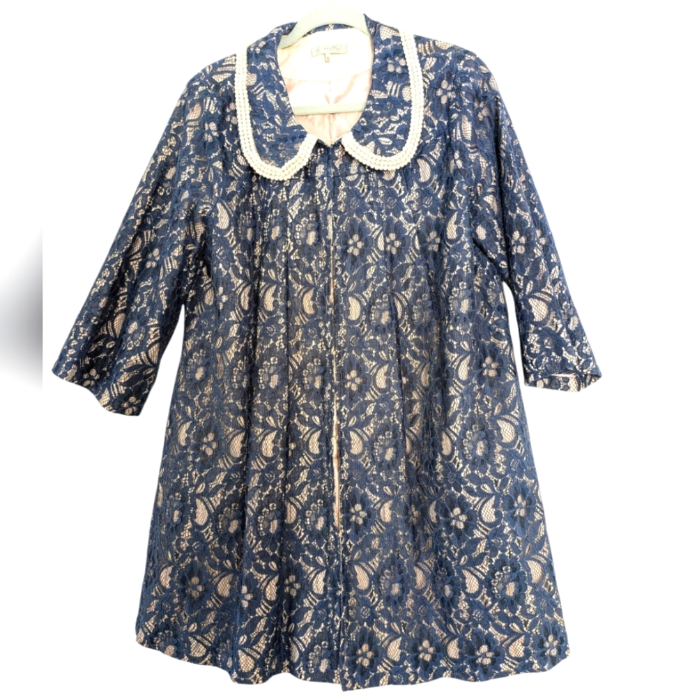 By‎ Stella Lace Blue Hook Eye Closure Coat Jacket Cover Up Coquette Pearl Fem